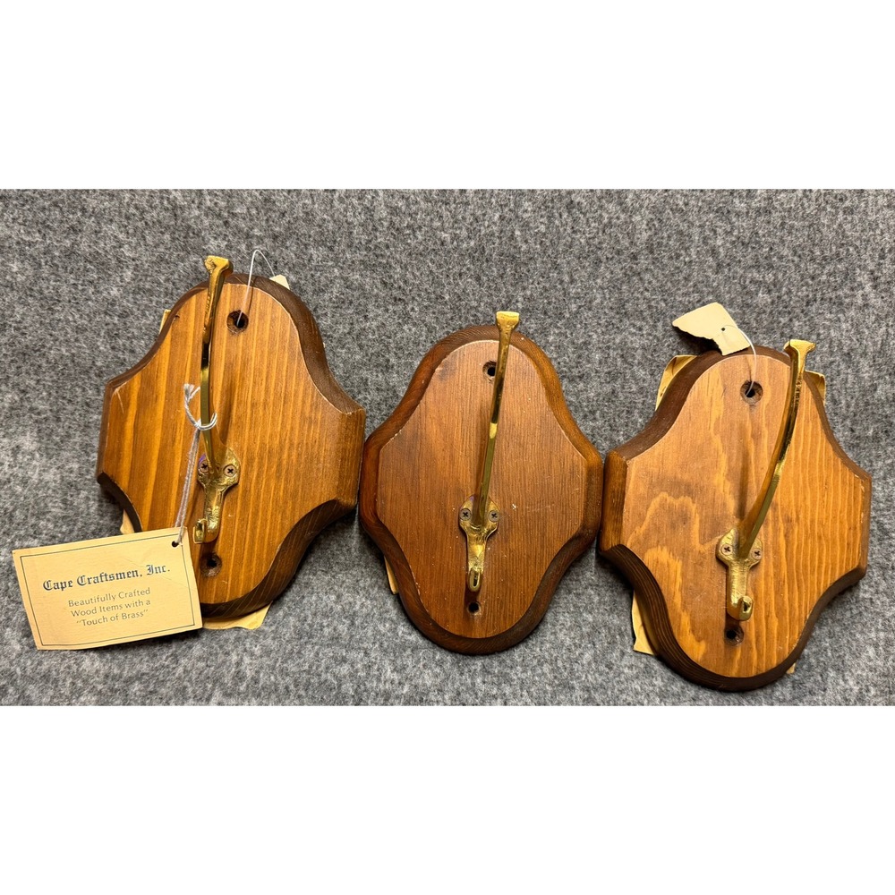 Cape Craftsmen Wood Brass Wall Hooks Set of 3 Vintage Plaque Coat Hat Hangers